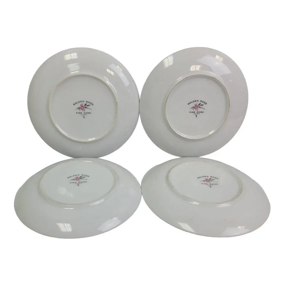 4 Vintage Golden Rose Flower Gold Rim Fine China Japan Small Salad Plates